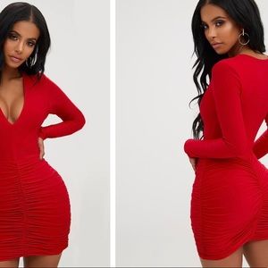 Pretty Little Thing Red Ruched Mini Dress